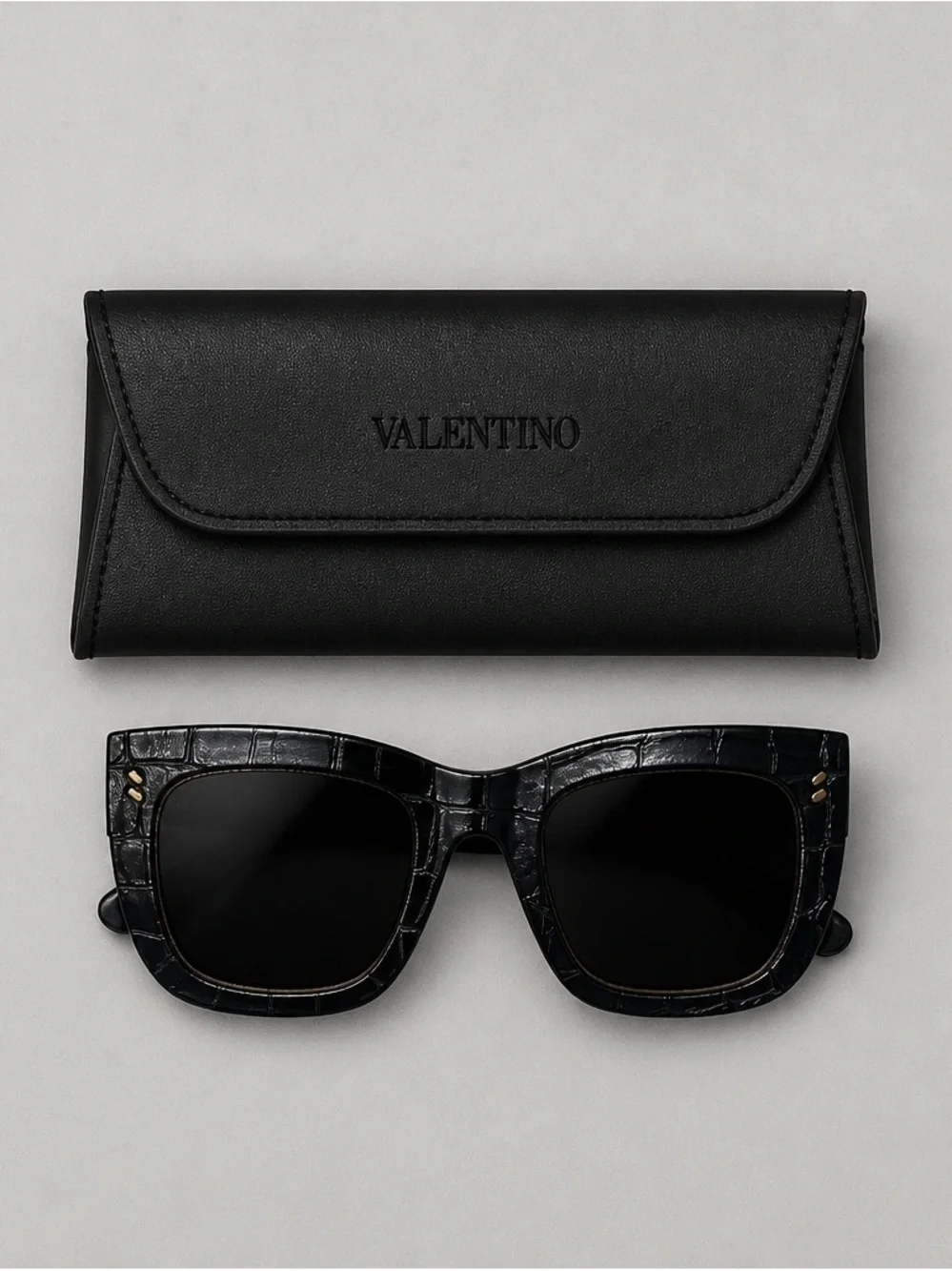Valentino Black Croc-Embossed Square Sunglasses with Case